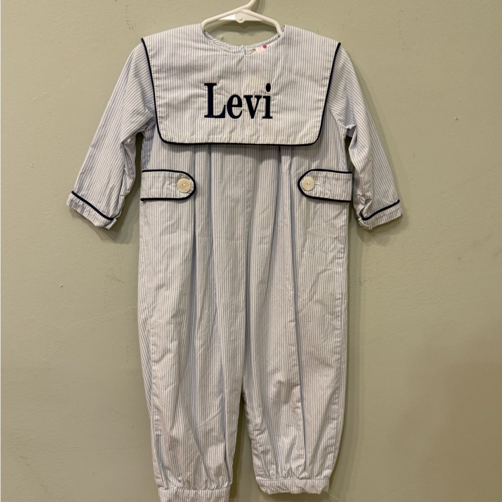 Monogrammed “Levi” Eliza James Striped Romper
